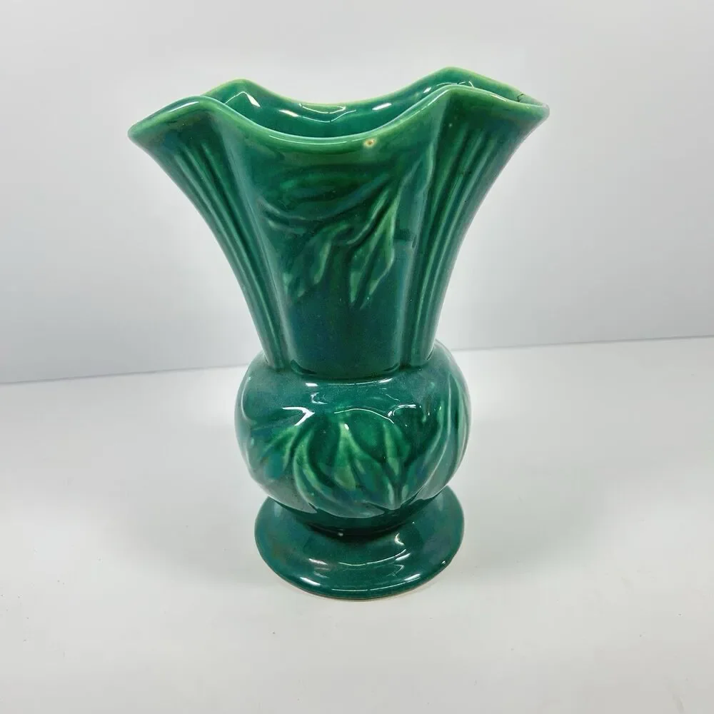 Vintage Green Ceramic Trumpet Vase Unmarked Art Deco Flared Leaf Design